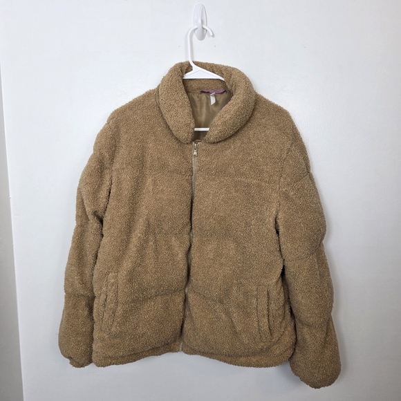 Platinum Cozy Tan Turtle Neck Outdoor Cute Puffer Sherpa Teddy Jacket Size Large - Picture 1 of 8